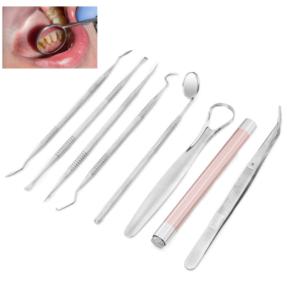 8pcs Dental Tartar Scraper & Mirror Set with Flashlight, Stainless Steel