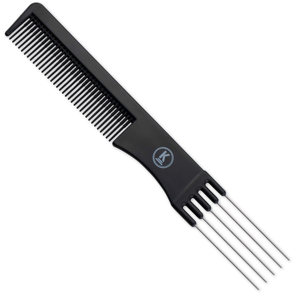 Touring Comb - Black Hairdresser Teasing Tool with Metal Fork & Fine Teeth