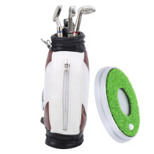 Desktop Golf-Stiftset mit Mini-Tasche, 3 Kugelschreiber, Zinklegierung, Braun & Weiß