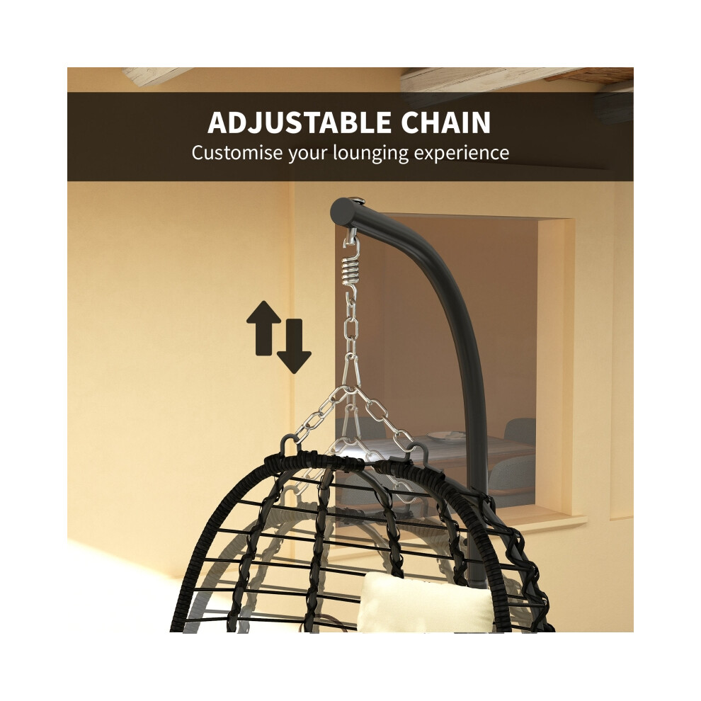 Cream White Rattan Hanging Egg Chair â Foldable Wicker Swing with Cushion Steel Frame Adjustable Height for Garden & Patio-image-OPC-PMYFKVK-NEW