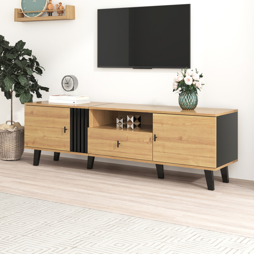 Wood and Black TV Cabinet 170 cm Modern Lowboard with Storage and Drawers Versatile TV Furniture for Living Space-image-OPC-PMYHK2P-NEW