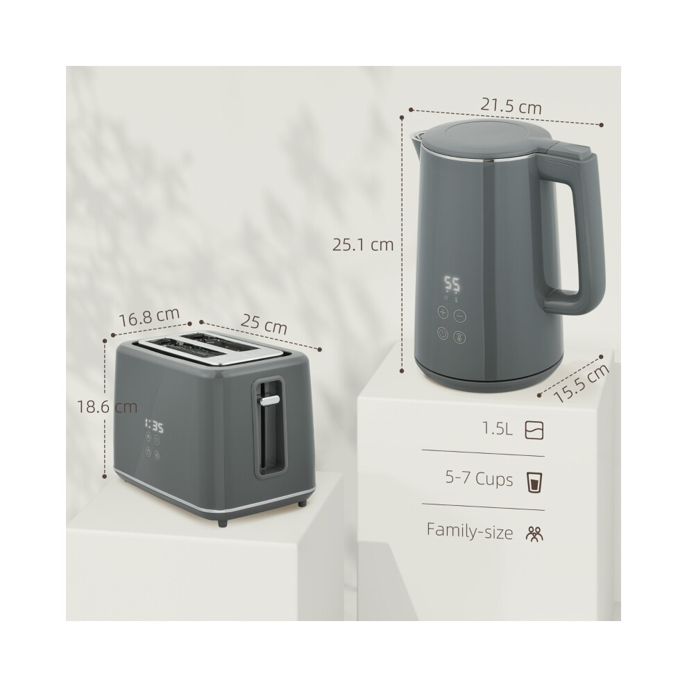 2-Piece Stainless Steel Kettle & Toaster Set 1.5L 3000W with LED Touch Adjustable Browning Defrost Grey-image-OPC-PMYJZT9-NEW