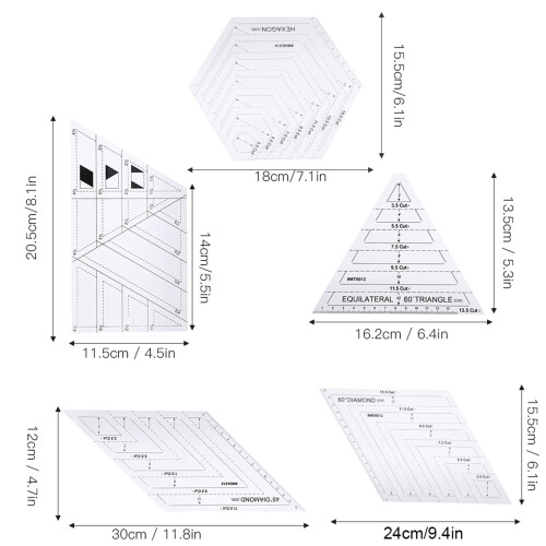 5Pcs Transparent PatchWork Ruler Templates for Quilting Sewing Crafting 2