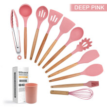 Chef's Delight silikon kjøkkenredskapssett, smeltefrie luktfrie kjøkkenredskaper, varmebestandig opptil 220 C, ergonomisk utformede trehåndtak, N