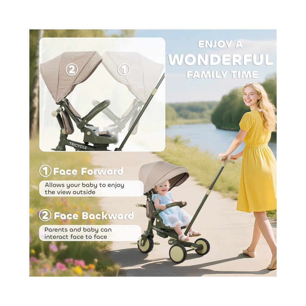 Kids Trike 5 in 1 with Adjustable Backrest Toddler Tricycle with Push Handle Sturdy Construction Dark Green Color-image-OPC-PMYRHTF-NEW