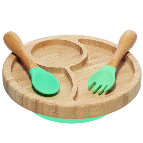 Set Of Bamboo Divided Plate For Kids With Fork