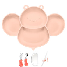 Piatto rosa in silicone con ventosa, senza BPA, antiscivolo, per alimenti, con divisori e base a ventosa per pasti sicuri, ideale per i più piccoli.