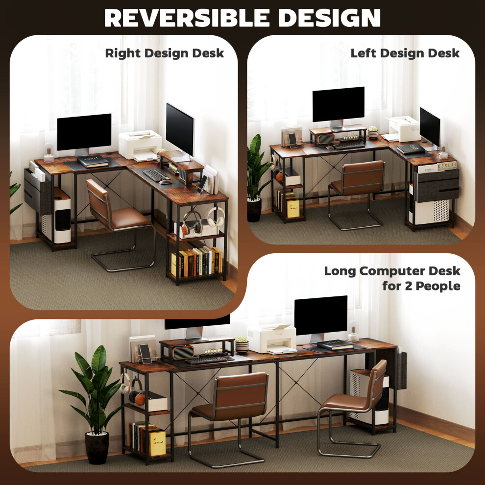 Rustic Brown L Shaped Reversible Corner Desk 168cm with Adjustable Shelves Double PC Surface Monitor Stand & Storage Bag-image-OPC-PMYRTSP-NEW