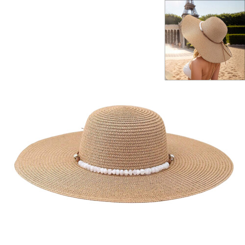 Adjustable Pearls Trimmed Straw Hat For Women Foldable Design 1