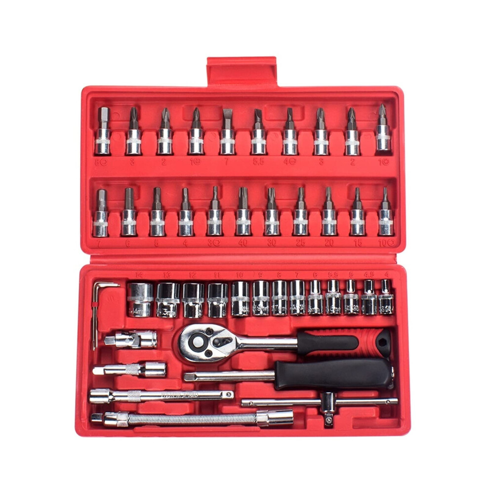Socket Wrench Set Ratchet Sets Mechanic Tools Kit Bit Sockets For Automotive Repair Household Metric 1/4-Inch Drive 46-Piece(Red) Red 9339159229378