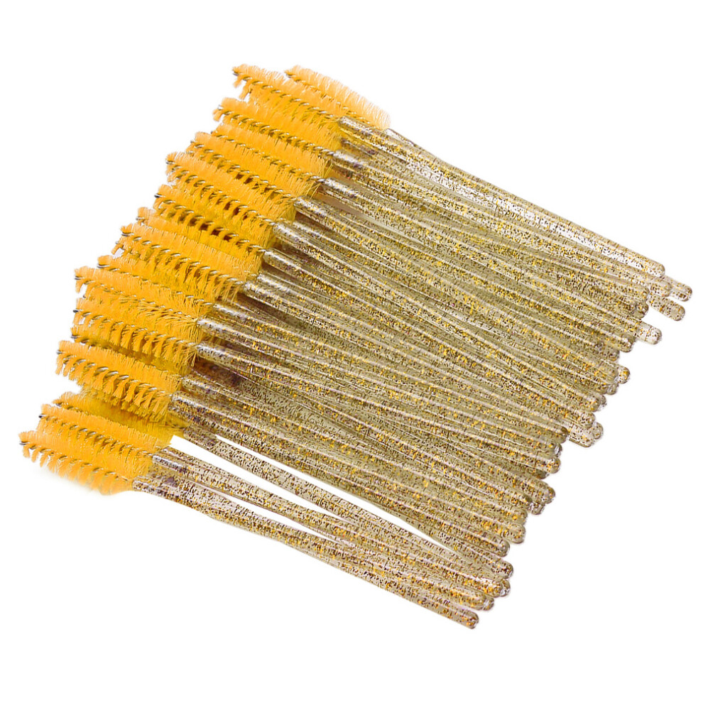 Yellow 50Pcs Disposable Nylon Makeup Brush Mascara Wands Eyelash Eyebrow
