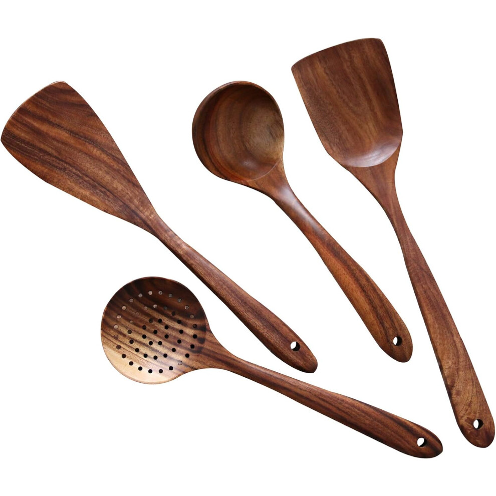 NaturalWoodKitchenware, 4 Pcs NonStickCookingUtensils Set, NonScratchPansProtector TeakWoodSpoons, GiftQualityKitchenTools For Cooking Enthusiasts-image-OPC-PMYTPSM-NEW