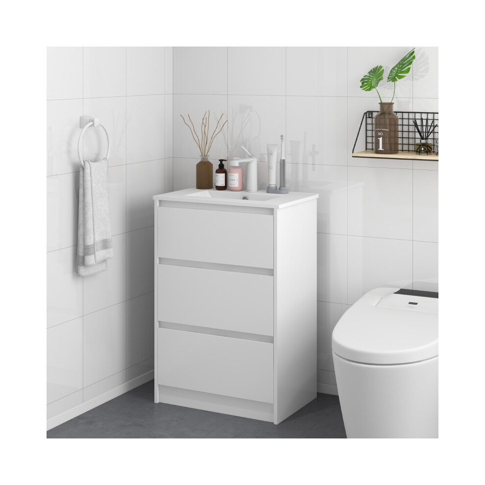Bathroom Vanity Unit with Basin and Single Tap Hole 600mm High Gloss White Floor Standing Storage 2 Drawers for Cloakroom-image-OPC-PMYTY2T-NEW