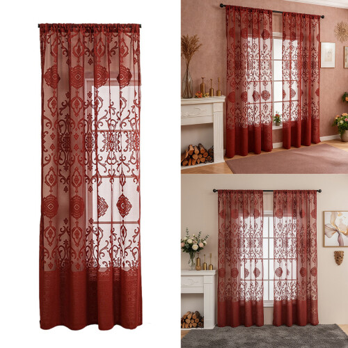 Semi Sheer Window Panel Light Filtering Flower- red 100x250cm 2