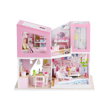 Miniature Pink Wooden Dollhouse DIY Kit with Furniture & LED Light | 23x18x18.7cm