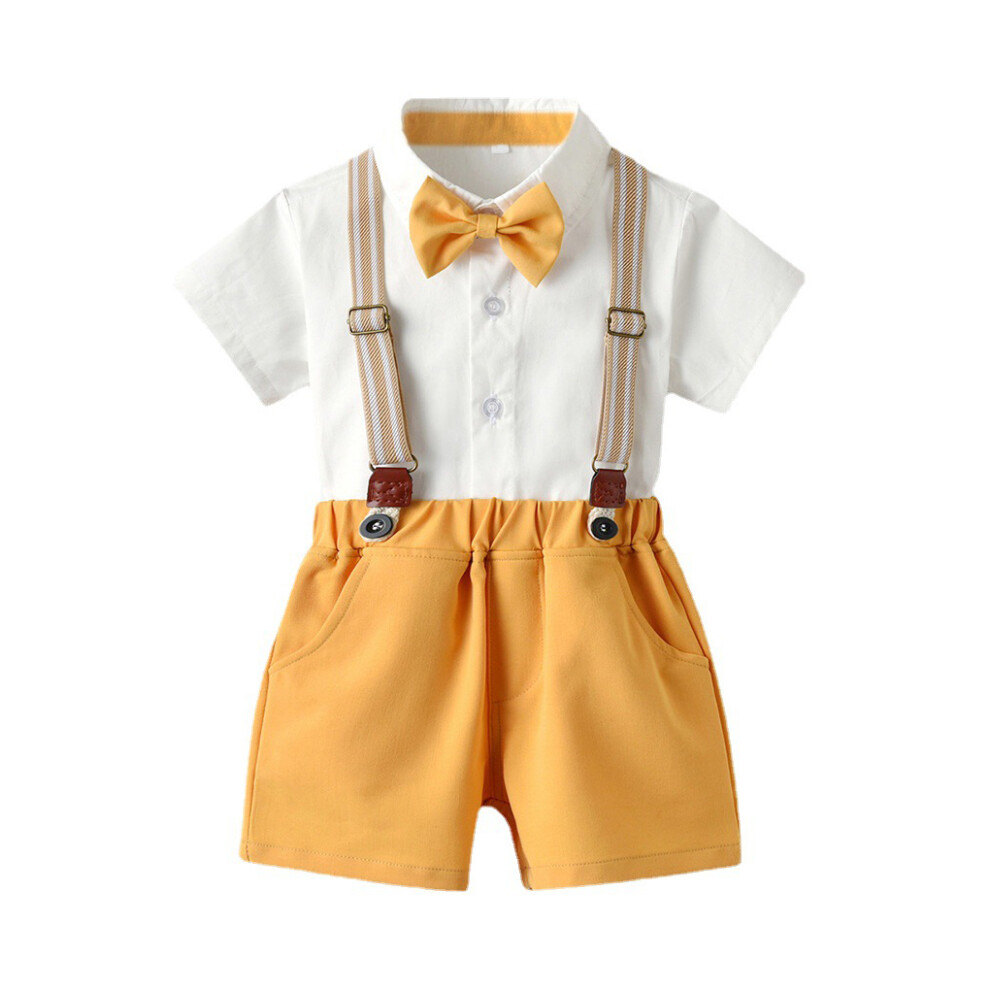 (Yellow, 120cm) Boys Shirt Overall Pants Set Bowtie Clothes Shorts with Side Pockets-image-OPC-PMYWKFW-NEW