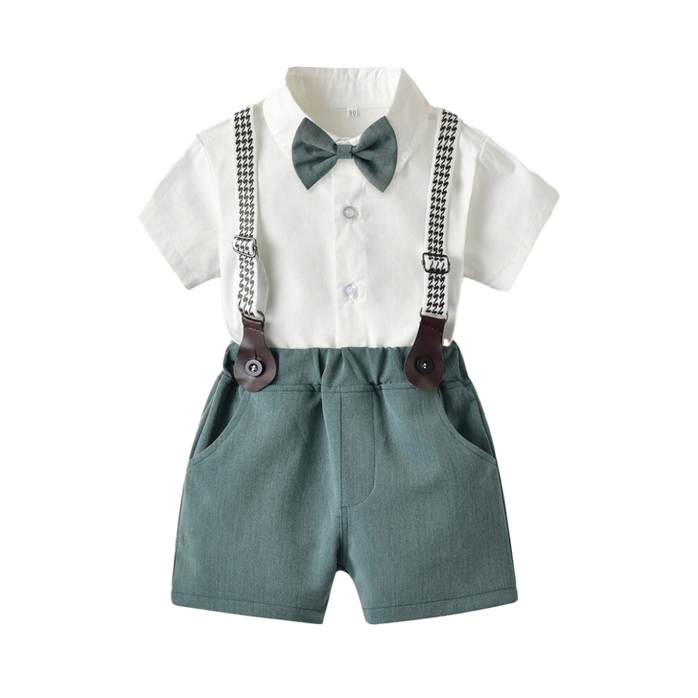 (Green, 100cm) Boys Shirt Overall Pants Set Bowtie Clothes Shorts with Side Pockets-image-OPC-PMYWKFT-NEW