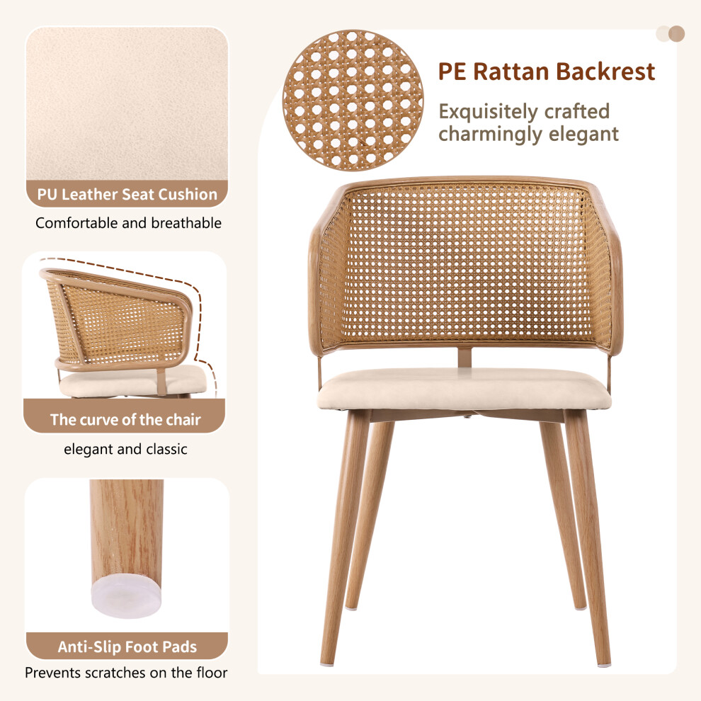 6 pcs Dining Chairs with Rattan & PU Leather Comfortable Breathable Modern Style for Restaurant Living Room Café Beige-image-OPC-PMYX66C-NEW