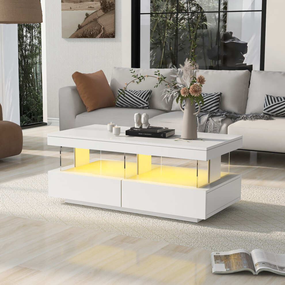 Modern Living Room Coffee Table with LED Lights White High Gloss 2 Drawers & Open Storage Multi-Functional End Table-image-OPC-PMYY76S-NEW