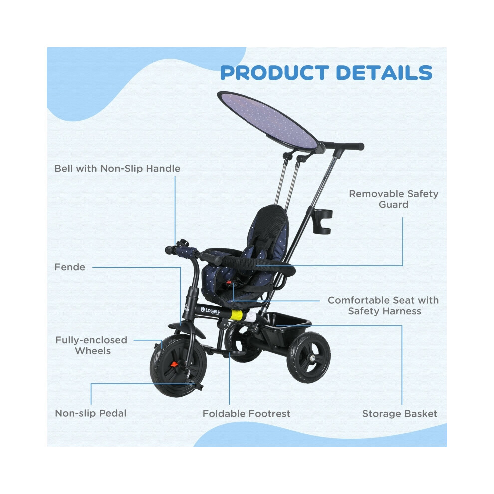 Kids' 6 in 1 Tricycle with Removable Canopy & Secure 5-Point Harness High-Quality Material Dark Blue-image-OPC-PMYYBCK-NEW