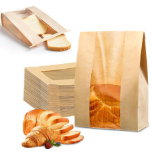 Sacos de pão elegantes em papel kraft, com janela frontal transparente que garante visibilidade e frescor, base quadrada para maior estabilidade e