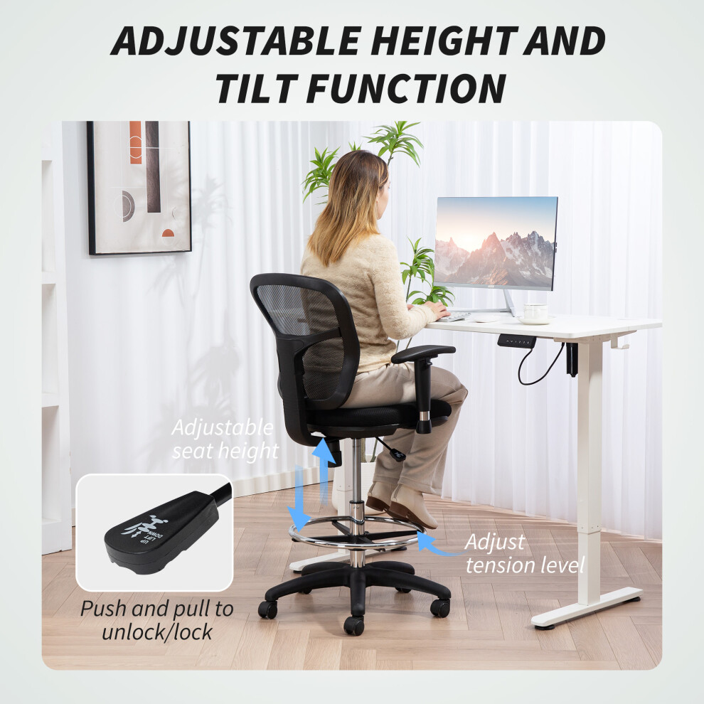 Ergonomic Drafting Chair with Adjustable Armrests Lumbar Support and Footrest â Mesh Office Chair Height Adjustable Black-image-OPC-PMYYG88-NEW