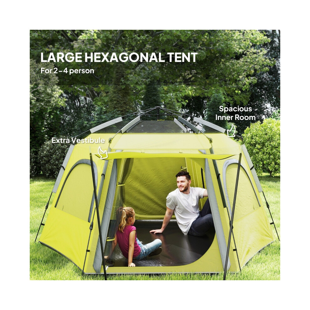 Camping Tent 2/3/4 Person Instant Pop Up Dome with Vestibule Waterproof UV Protected Hexagonal Design Yellow Green-image-OPC-PMZ2KRS-NEW