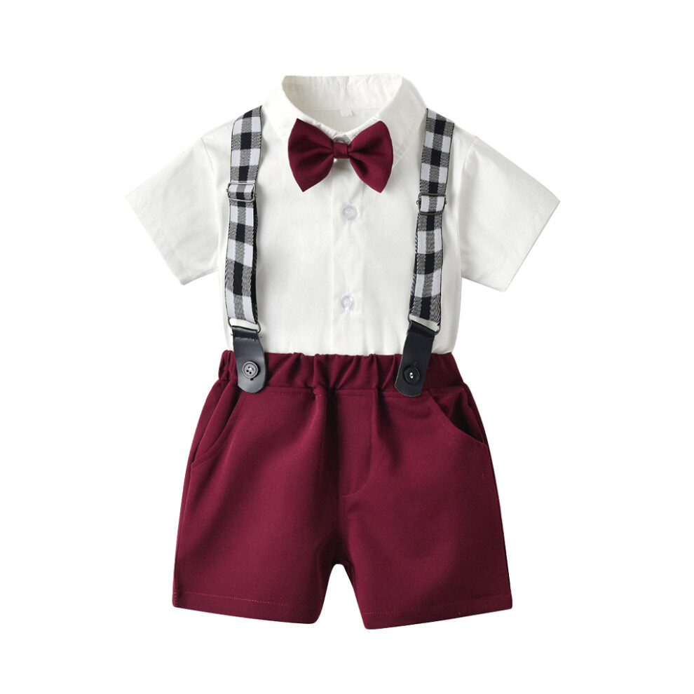 (Wine Red, 130cm) Boys Short Sleeve Shirt Pants Set Kids Bowtie Clothes Shorts Gift-image-OPC-PMZ2JM9-NEW