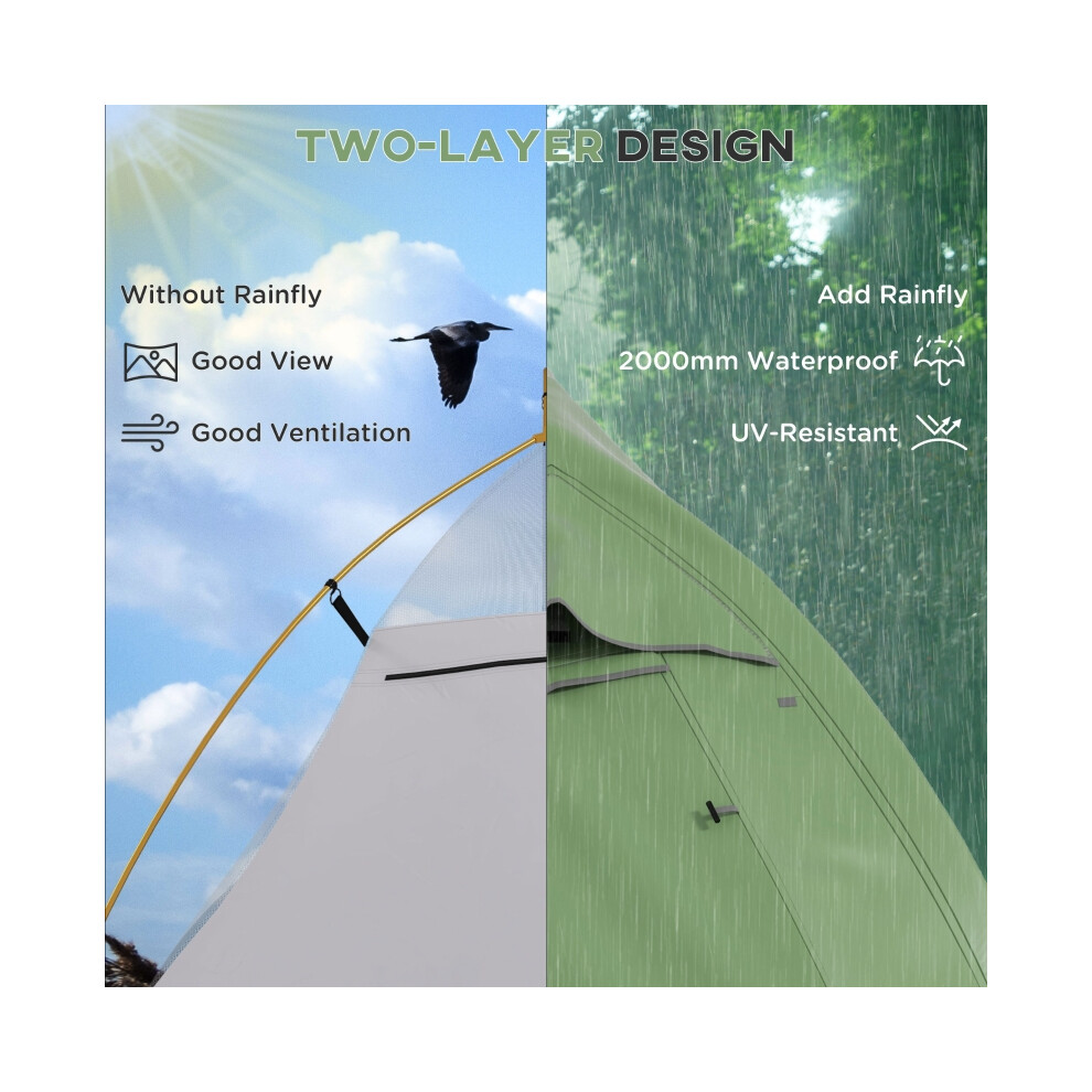 2 Man Camping Tent Outsunny Double Layer Lightweight Waterproof Backpacking Tent with Carry Bag Green 2000mm Waterproof-image-OPC-PMZ2N9T-NEW
