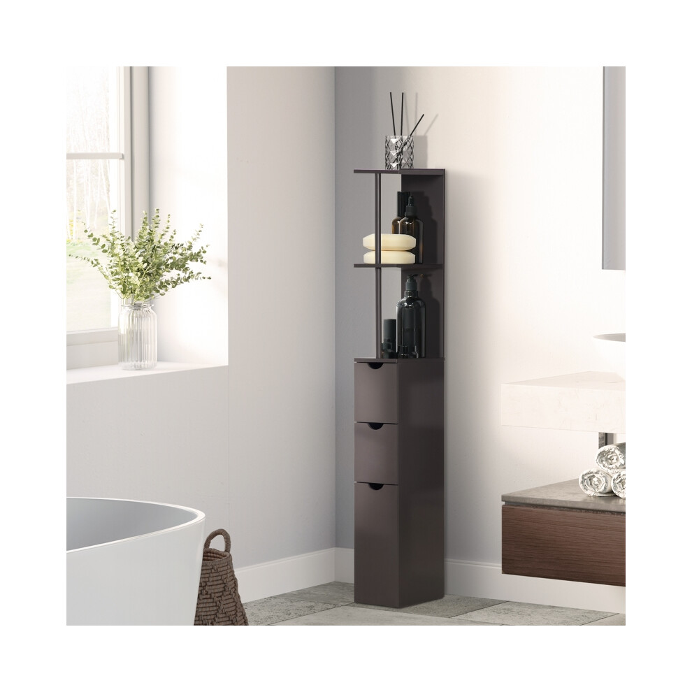 Bathroom Storage Cabinet HOMCOM Tall Freestanding Unit with 2-Tier Shelf and Drawers Narrow Brown Cupboard-image-OPC-PMZ5QMX-NEW