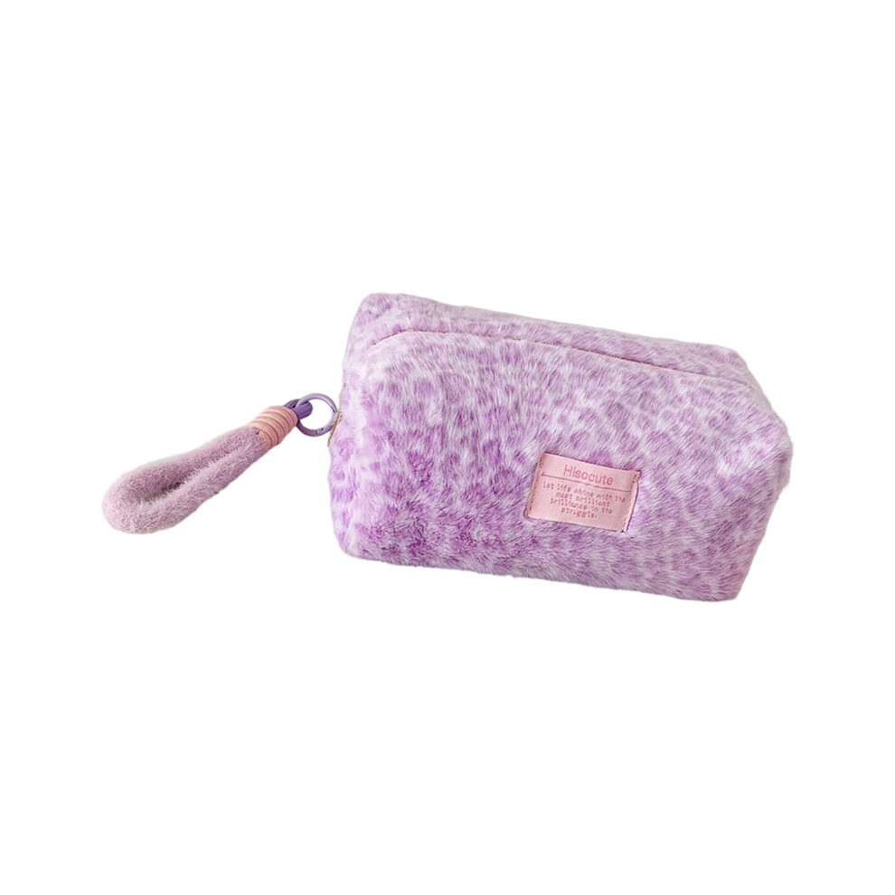 Plush Leopard Print Pencil Case Zippered Pencil Pouches-Purple
