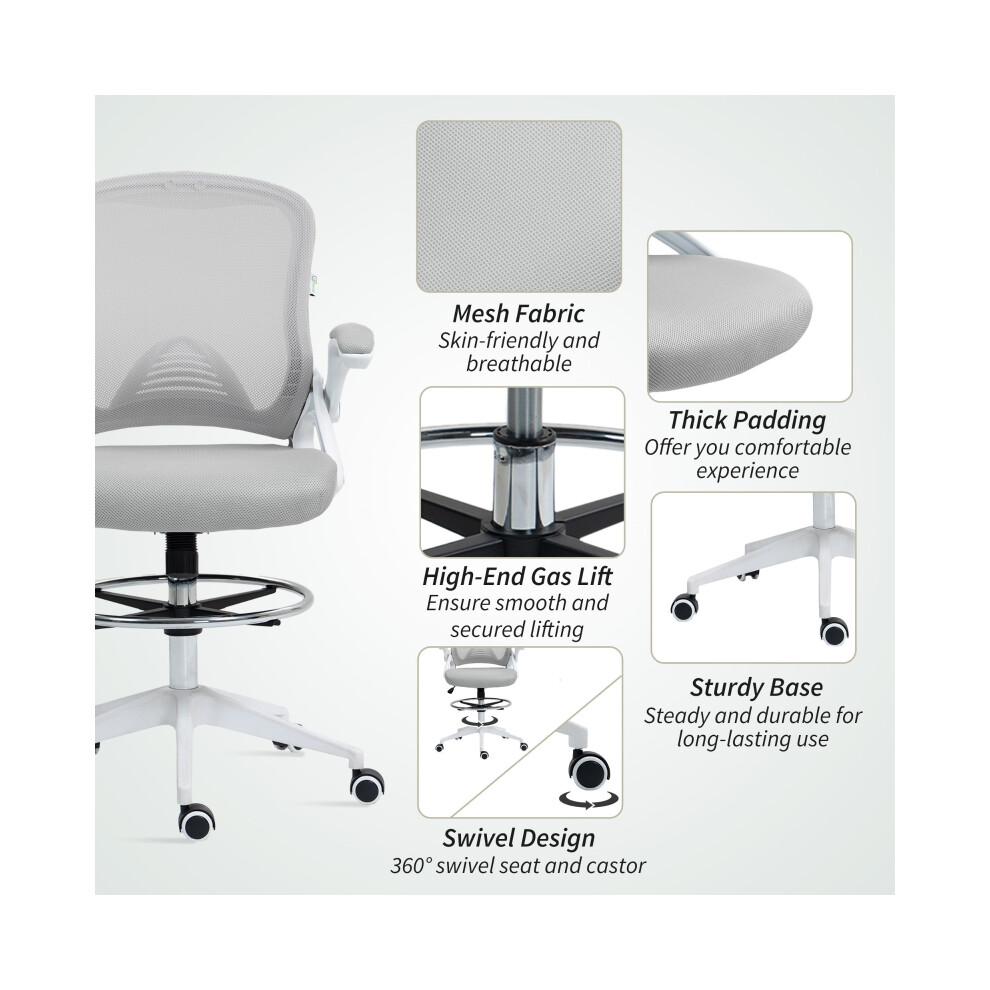 Swivel Drafting Chair with Mesh Seat Flip-up Armrest Foot Ring & Height Adjustment Office Stool for Standing Desks Light Grey-image-OPC-PMZ5XDY-NEW