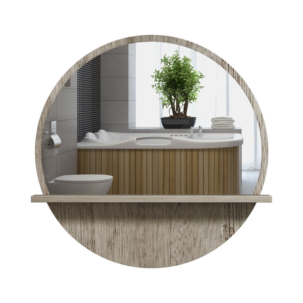 45cm Round Home Mirror with Shelf - Grey Wood-Effect Finish Wall Mirror for Modern Interior-image-OPC-PMZ5XHT-NEW