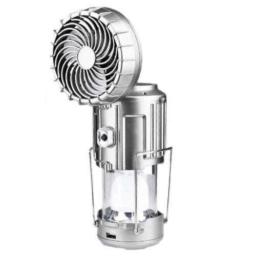 (Silver)Solar Power Rechargeable With Fan Led Tent Lamp Flashlight Camping Lantern Light Ft