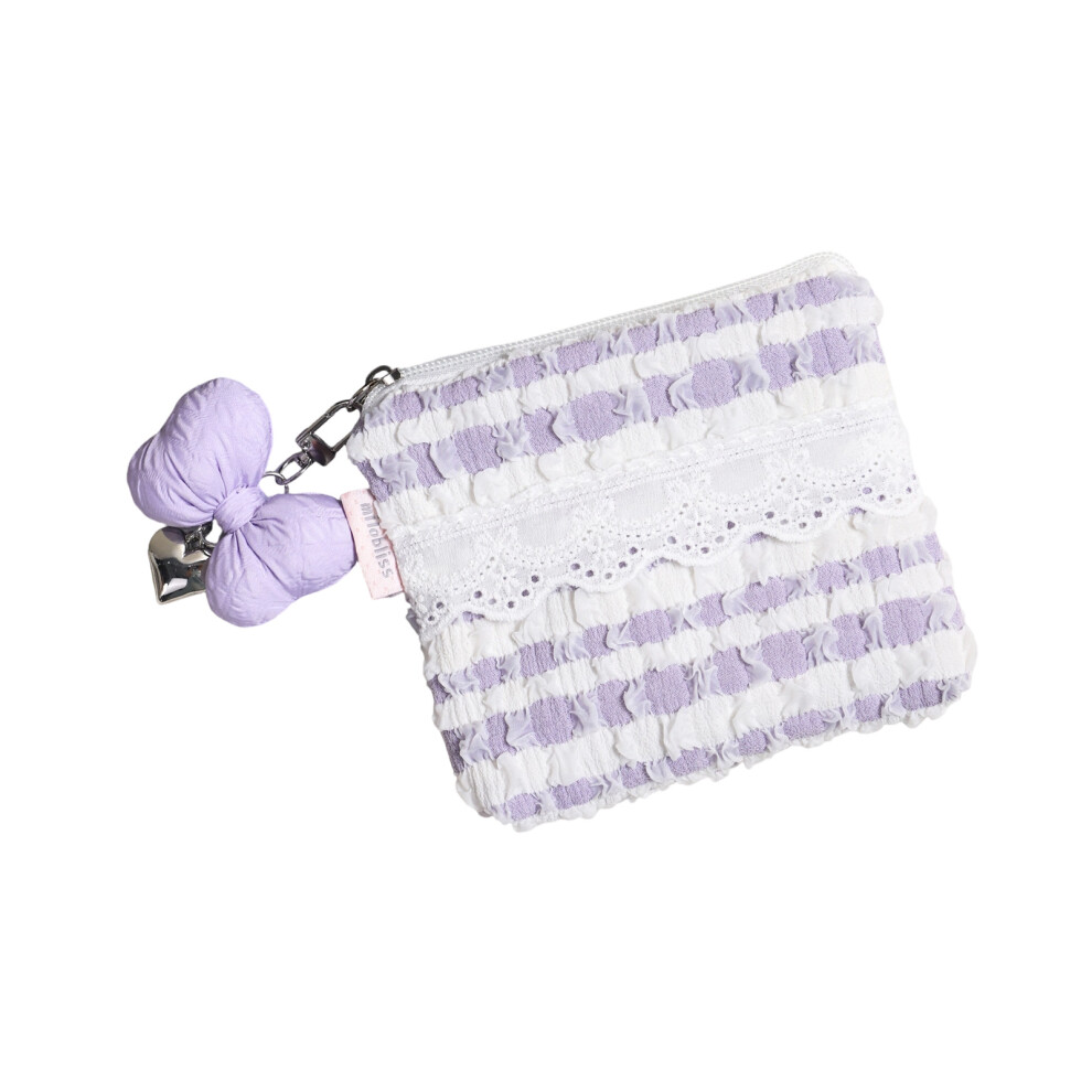 Quilted Coin Purse Cosmetic Bag With Lace Trim Soft-Purple