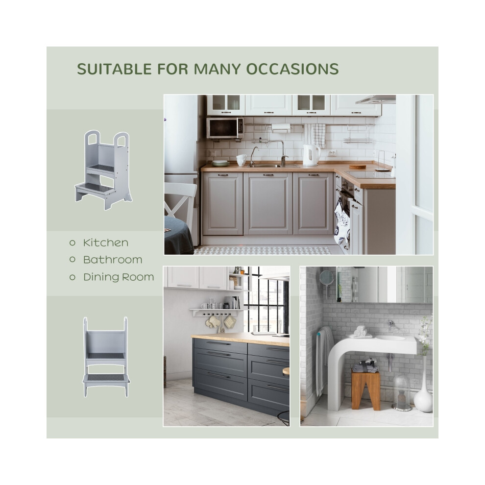 Childrens Wooden Step Stool with Non-Slip Surface & Handles - Grey Suitable for 3-8 Year Olds Kitchen Helper-image-OPC-PMZ62PD-NEW