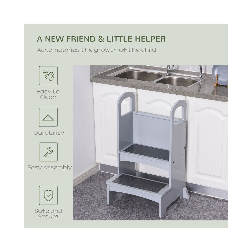 Kids Wooden Step Stool with Handles & Non-Slip Panels Grey Home Helper Suitable for Ages 3-8 Durable Child Toddler Aid-image-OPC-PMZ62PK-NEW