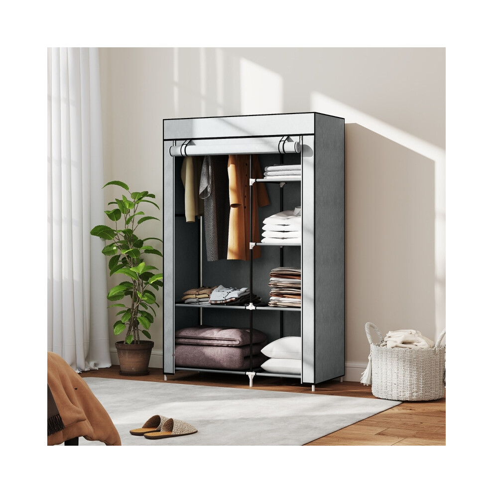 Light Grey Fabric Wardrobe with 6 Shelves and Hanging Rail Foldable Portable Closet 103 x 43 x 162.5 cm-image-OPC-PMZ677W-NEW