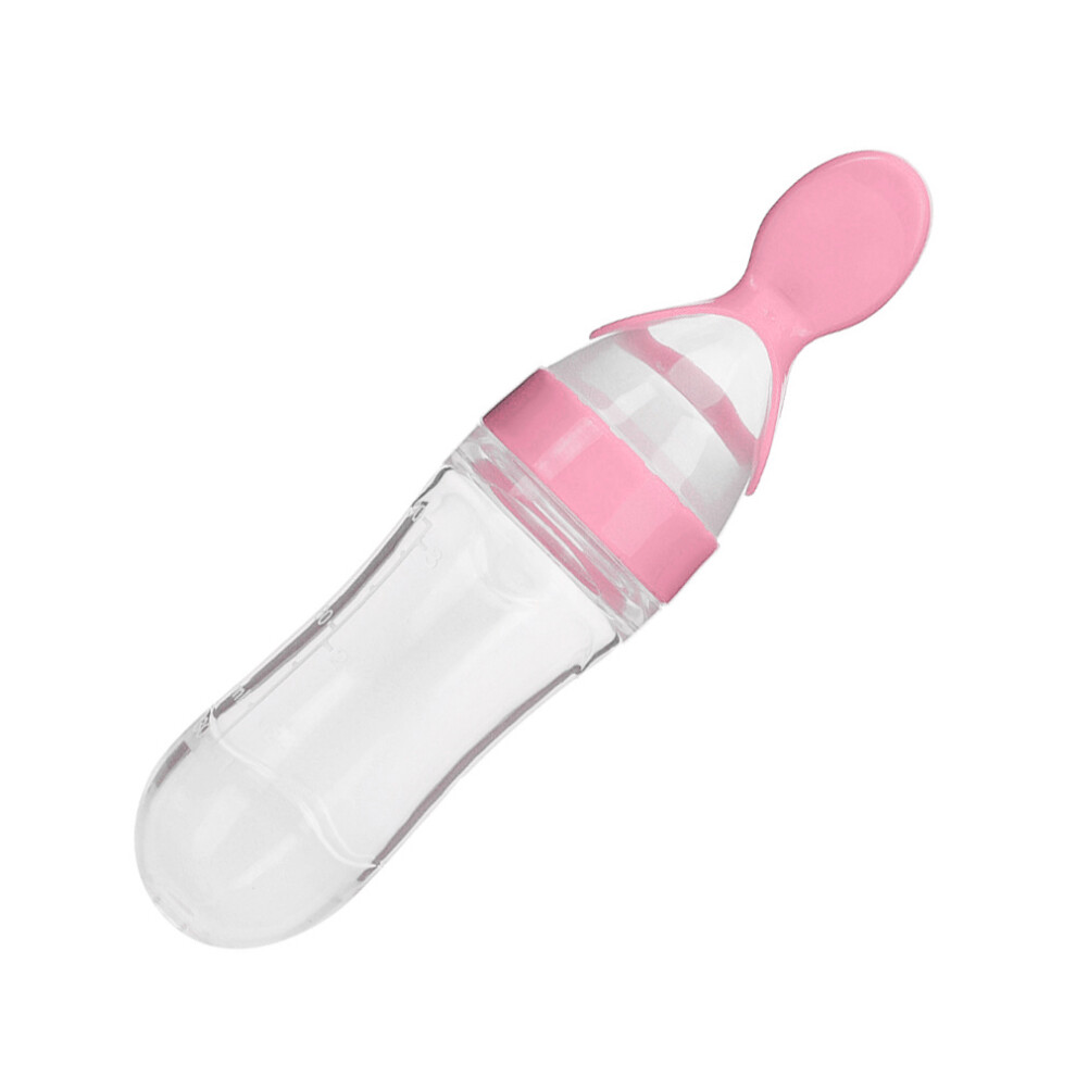 90Ml Silicone Baby Bottle & Spoon Toddler Feeding Squeeze Cereal Feeder Pink