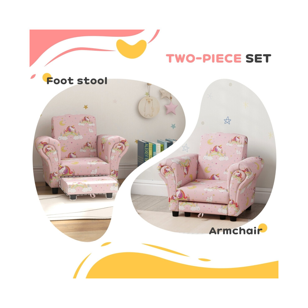 Toddler Kids Sofa Set - Pink Unicorn Design Wooden Frame 2 Piece Ideal for 1.5-3 Year Olds Durable & Comfortable-image-OPC-PMZ6R2R-NEW