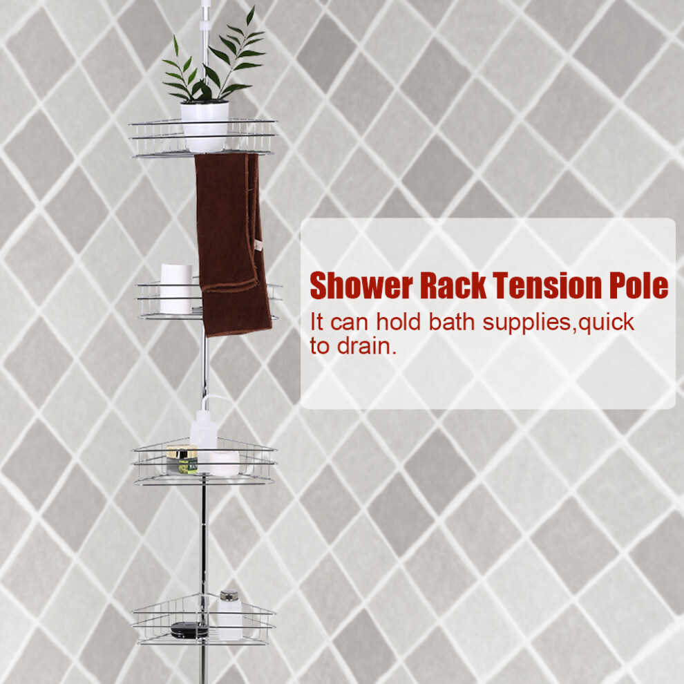 Adjustable Bathroom Corner Tension Pole with 4 Baskets, Silver, 91.73-95.67in-image-OPC-PMZ6TS6-NEW