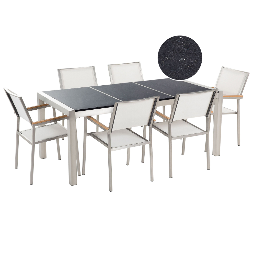 Garden Dining Set 6 Seater GROSSETO Triple Plate Granite Polished Black/ White-image-OPC-PDJMWJM-NEW
