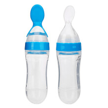 Silicone Baby Squeeze Feeder 90ml with Spoon Food Cereal Bottle Blue