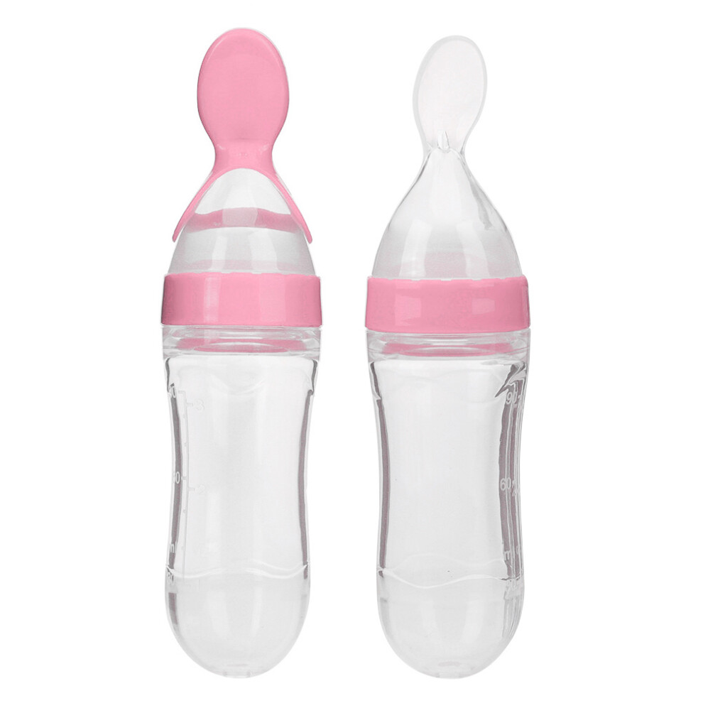 90Ml Silicone Baby Bottle & Spoon Toddler Feeding Squeeze Cereal Feeder Pink