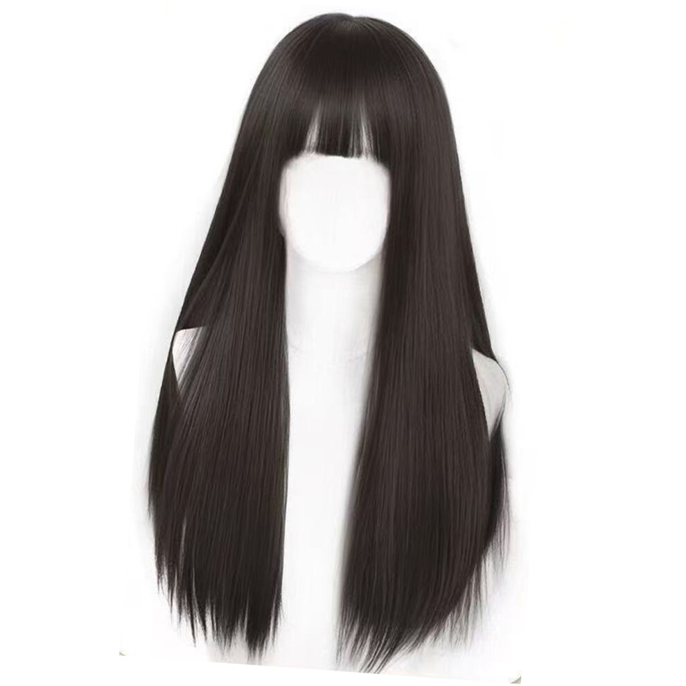 Unisex Black Breathable Synthetic Fiber Long Wigs With Bangs-Brown