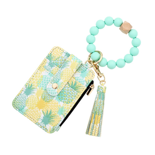 Wristlet Keychain Bracelet Wallet,Purses Bead Keyring-Pineapple