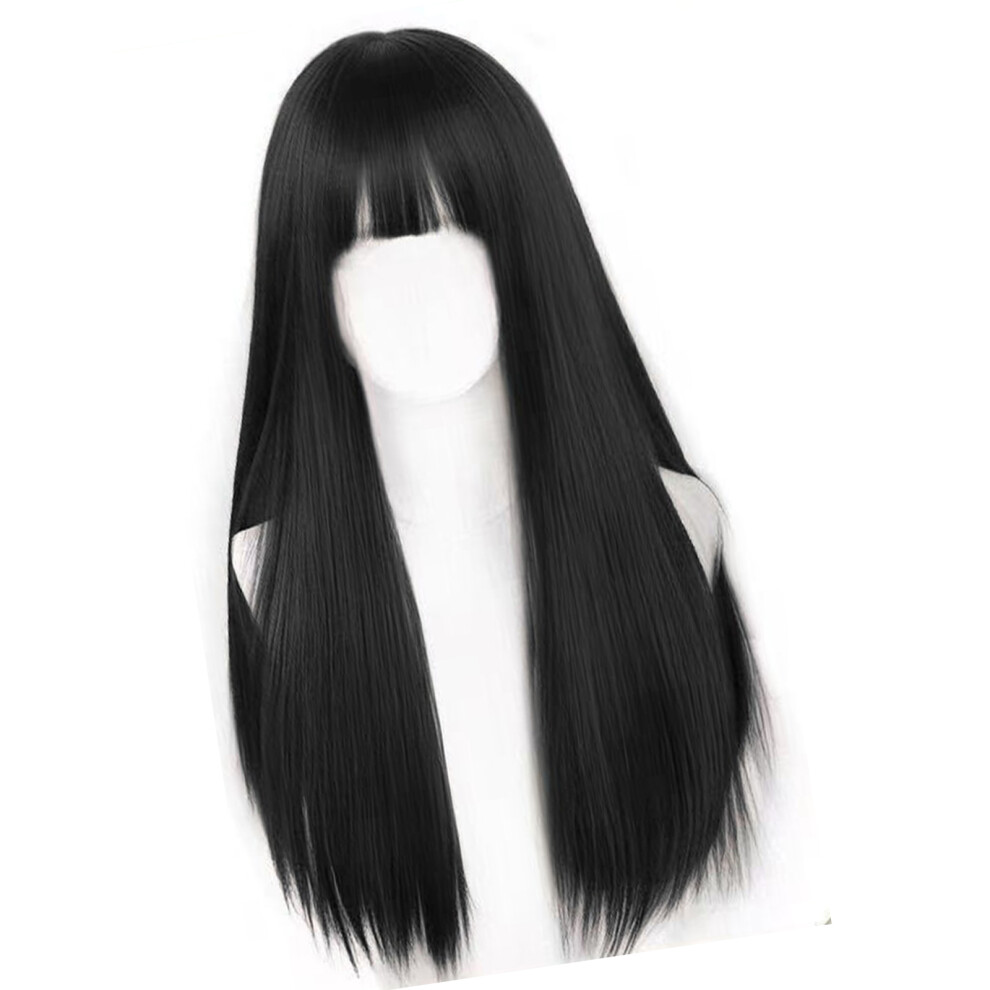 Black Long Style Synthetic Wigs With Bangs Breathable-Natural