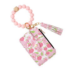 Wristlet Keychain Bracelet Wallet,Purses Bead Keyring-Peach