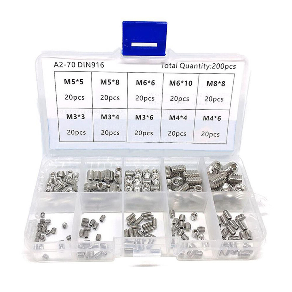 200Pcs Stainless Steel M3-M8 Hex Grub Screws Set With Organizer Box 5001361542791