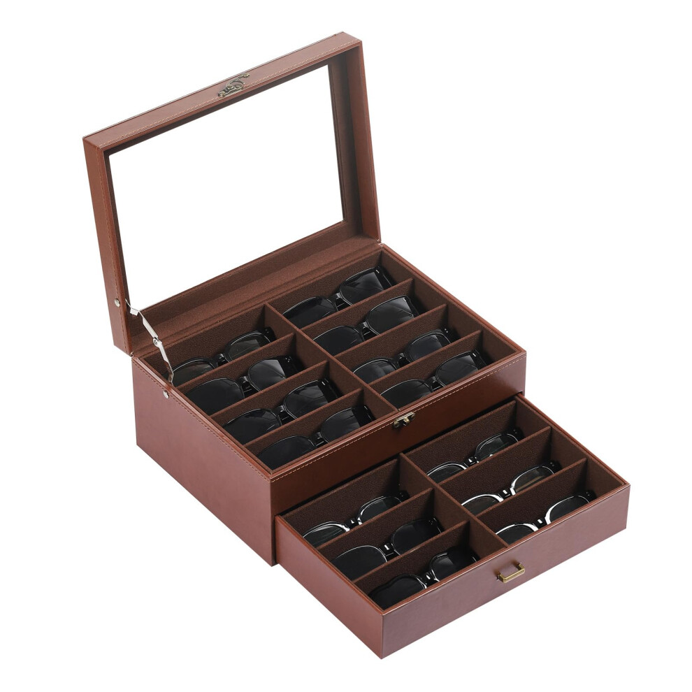 Leather & Velvet Clear Lid 16 Piece Eyeglasses Storage and Sunglass Glasses Display Drawer Lockable Case Organizer,Coffee,AW-173